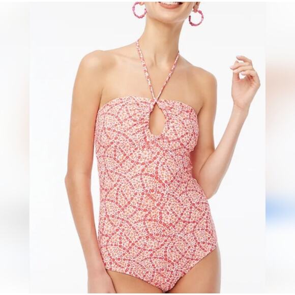 J. Crew ruched keyhole plunge ditsy floral print one piece halter swim suit‎ L - Picture 2 of 10